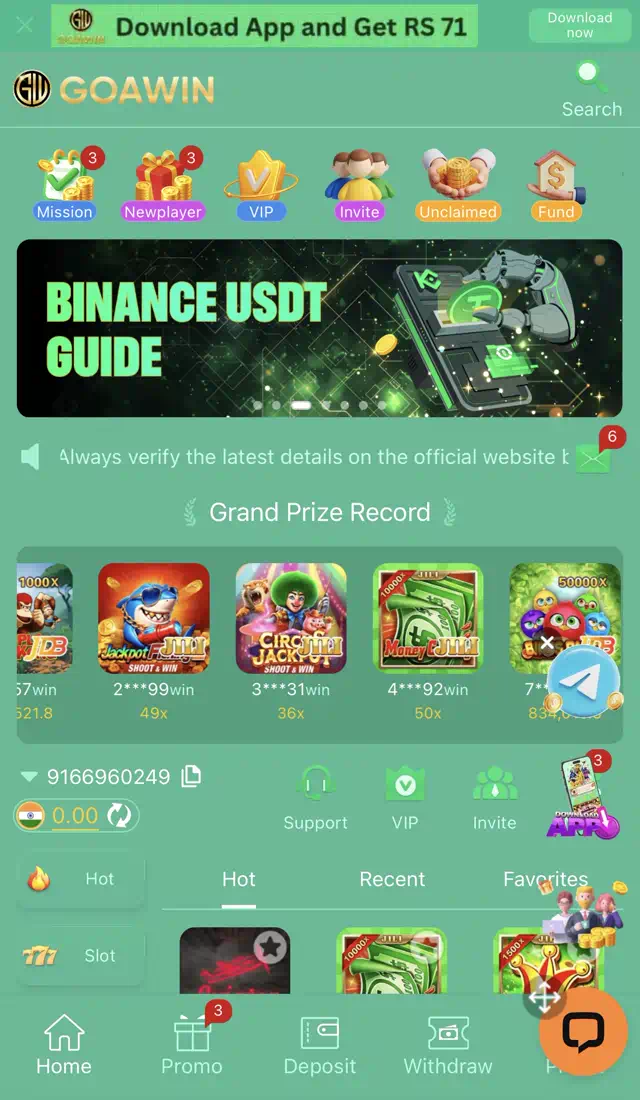 Goa Win home screen par game categories balance Deposit Withdraw aur game tiles