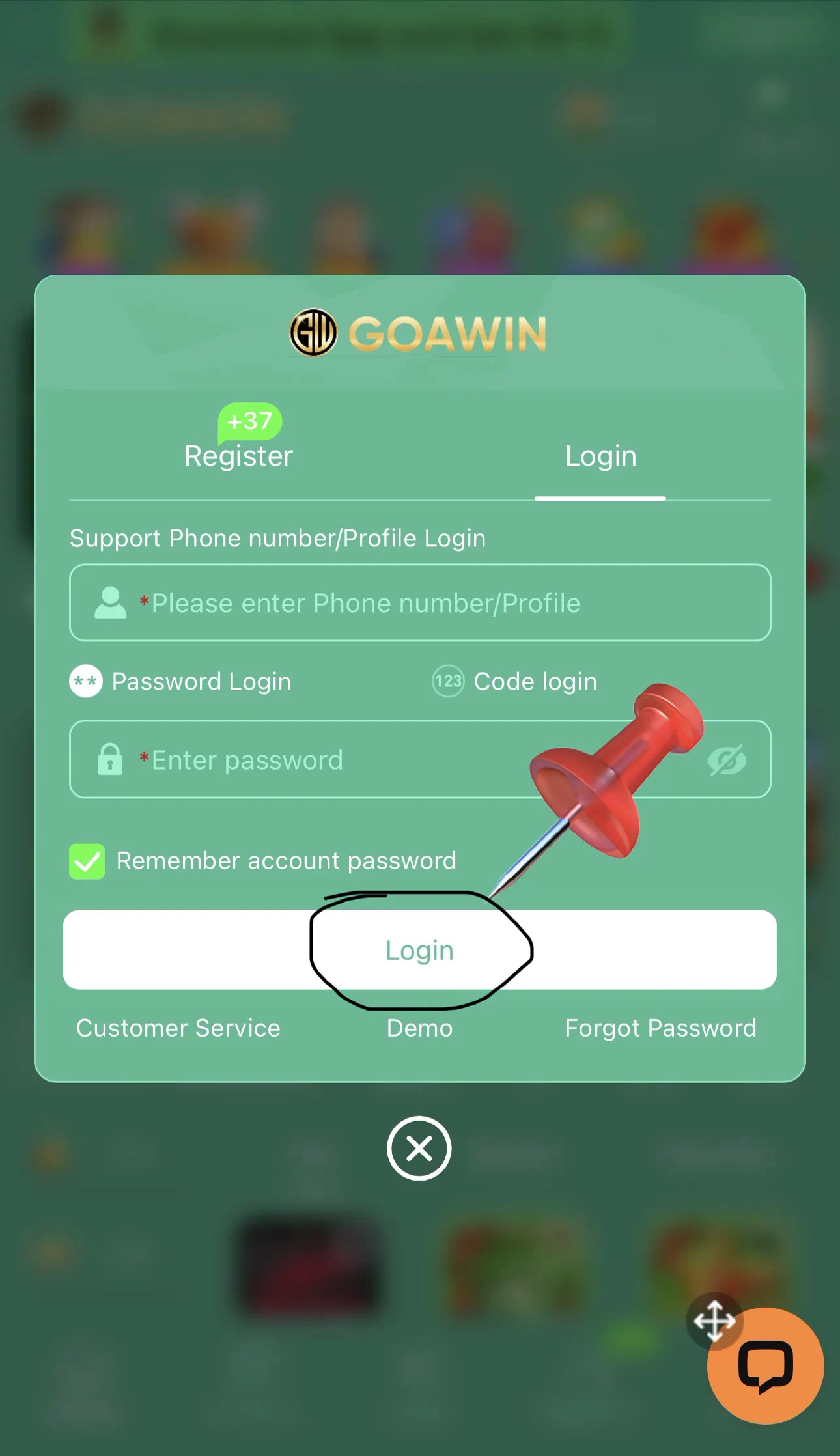 Goa Win Login screen phone number profile aur password fields